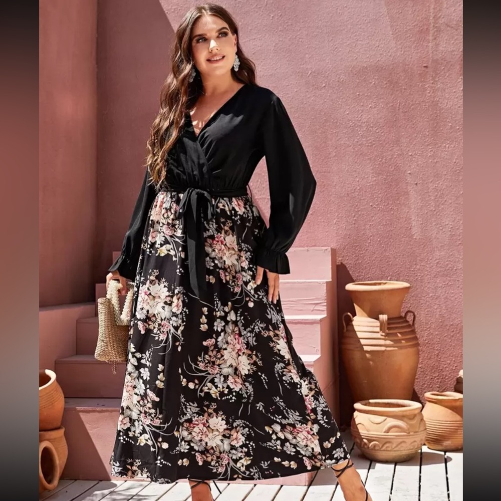 SHEIN Black and Pink Tiered Wrap Sundress with Bishop Sleeves